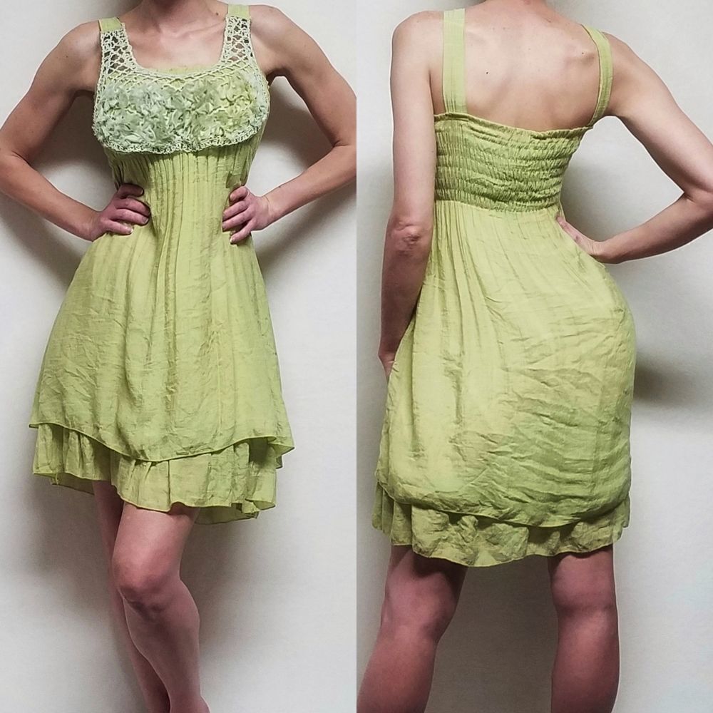 PRETTY Angel Fairycore Lime Green Tulle Crochet Linen Smocked Tunic Dress L